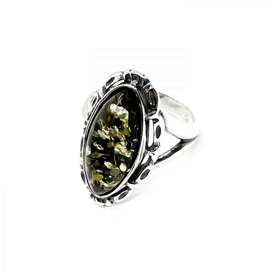 Green Amber Sterling Silver Adjustable Ring