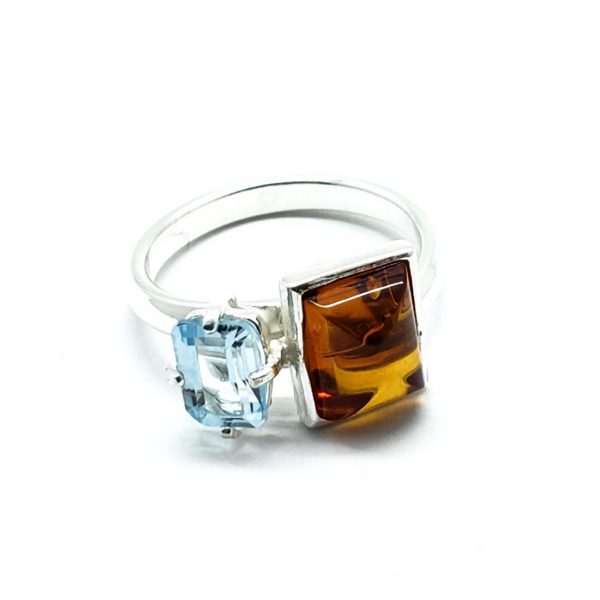 Cognac Amber/Blue Topaz Adjustable Ring