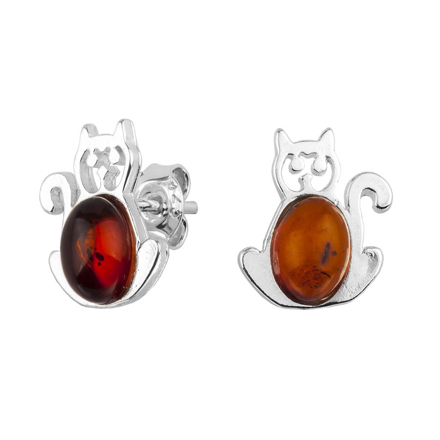 Baltic Amber Sterling Silver Cats Earrings. Amber Jewelry