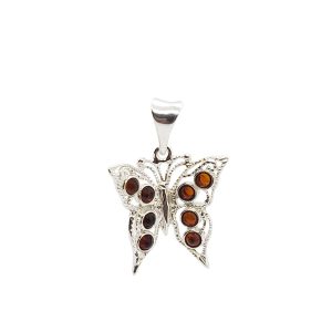 Cognac Amber Sterling Silver Butterfly Pendant