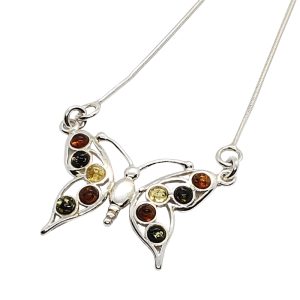 Multi-Color Amber Sterling Silver Butterfly Necklace