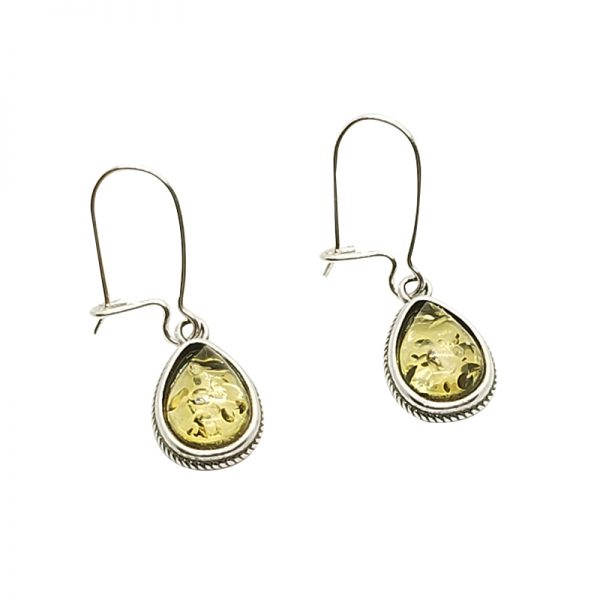 Citrine Amber Sterling Silver Dangle Earrings. Teardrop shaped amber stone set in .925 sterling silver. Dangle earrings on silver hooks. 