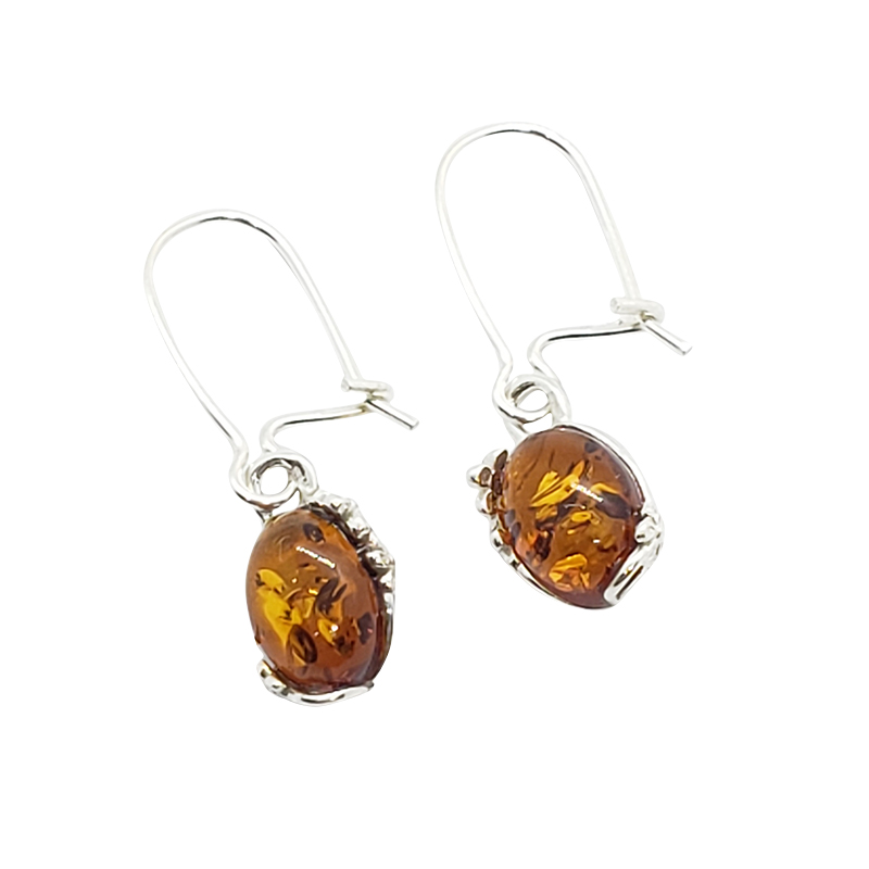 Cognac Amber / Flower Design Silver Dangle Earrings